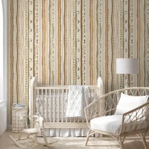 Elegant Soft Neutral Brown Beige Boho Line Pattern Wallpaper