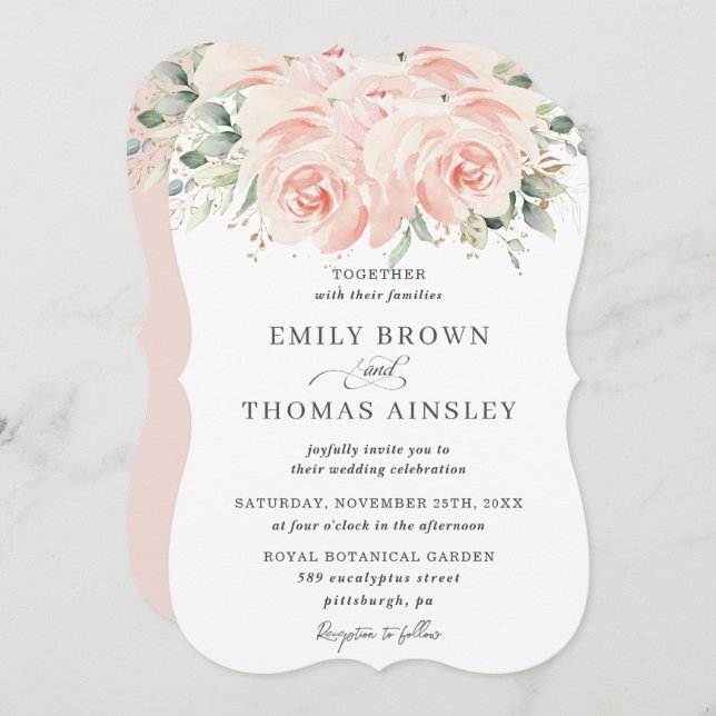 Elegant Soft Pastel Blush Floral Roses Wedding Invitation (Front/Back)