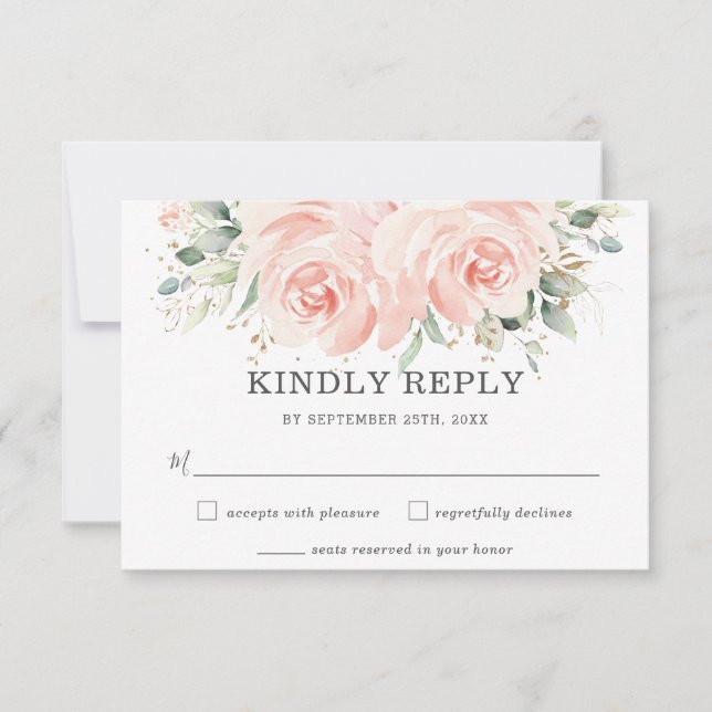 Elegant Soft Pastel Blush Floral Roses Wedding RSVP Card (Front)