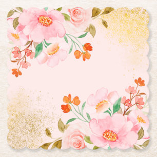 Elegant Soft Pastel Flowers with Gold Texture  Paper Coaster