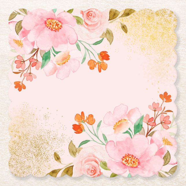 Elegant Soft Pastel Flowers with Gold Texture  Paper Coaster (Front)