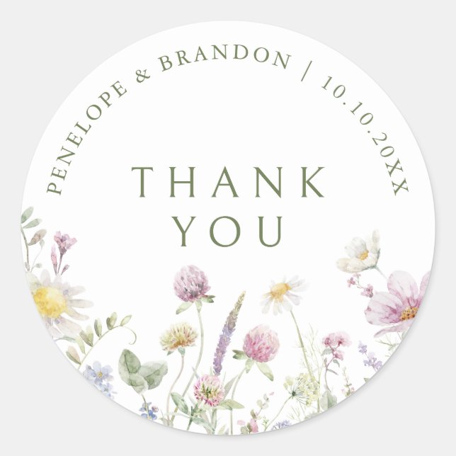 Elegant Soft Pastel Wildflower Botanical thank you Classic Round Sticker (Front)
