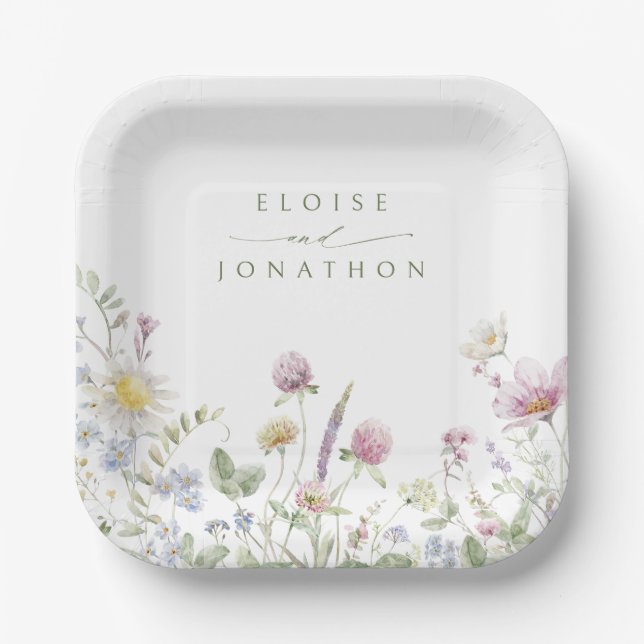 Elegant Soft Pastel Wildflower Botanical Wedding Paper Plate (Front)
