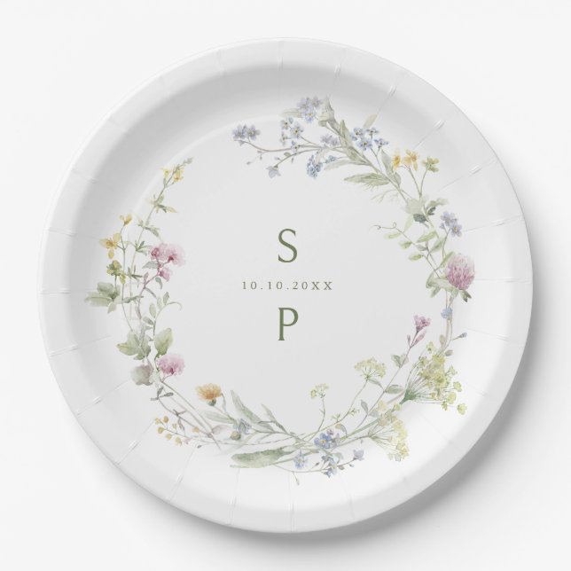 Elegant Soft Pastel Wildflower Botanical Wedding Paper Plate (Front)