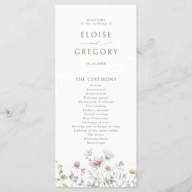 Elegant Soft Pastel Wildflower Botanical Wedding Programme (Front)
