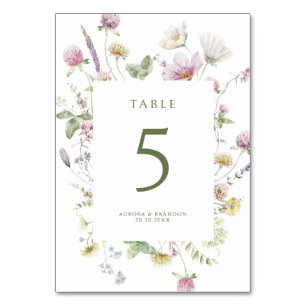 Elegant Soft Pastel Wildflower Botanical Wedding Table Number