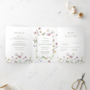Elegant Soft Pastel Wildflower Botanical Wedding Tri-Fold Announcement