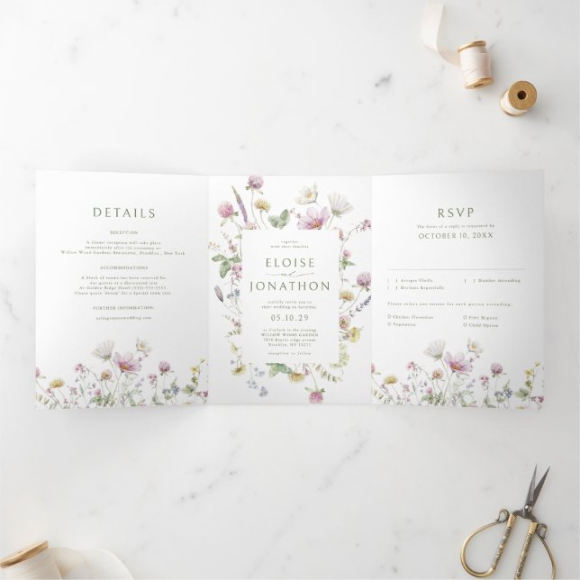 Elegant Soft Pastel Wildflower Botanical Wedding Tri-Fold Announcement (Inside)