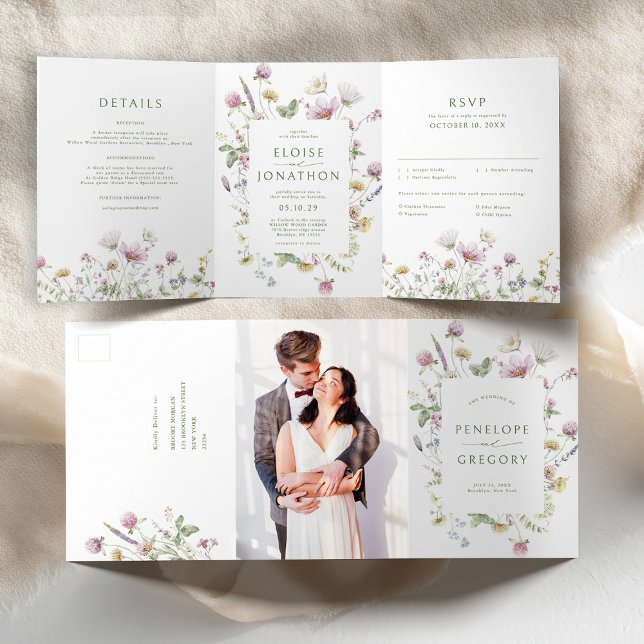 Elegant Soft Pastel Wildflower Botanical Wedding Tri-Fold Announcement (Elegant Soft Pastel Wildflower Botanical Wedding Tri-Fold Announcement)