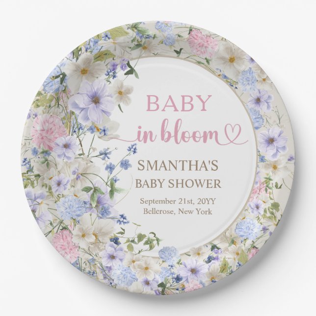 Elegant soft pastel wildflowers pink light blue  paper plate (Front)