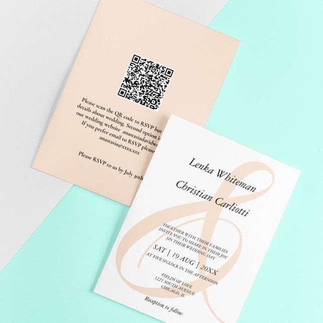 Elegant Soft Peach Ampersand QR-Code wedding Invitation (Creator Uploaded)