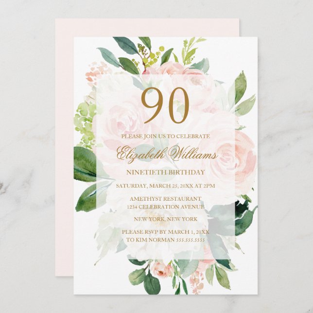 Elegant Soft Peach Bloom 90th Birthday Invitation (Front/Back)