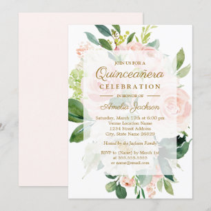 Elegant Soft Peach Bloom Quinceanera Birthday Invitation