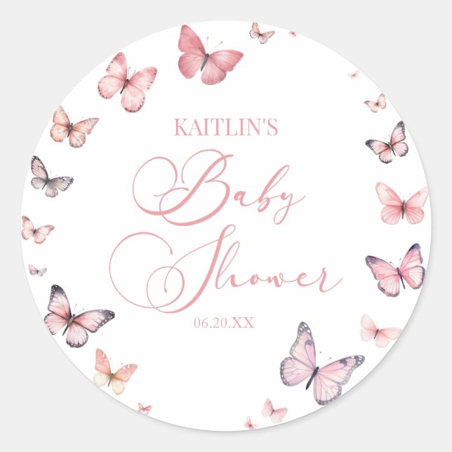 Elegant Soft Pink Butterfly Baby Shower  Classic Round Sticker (Front)