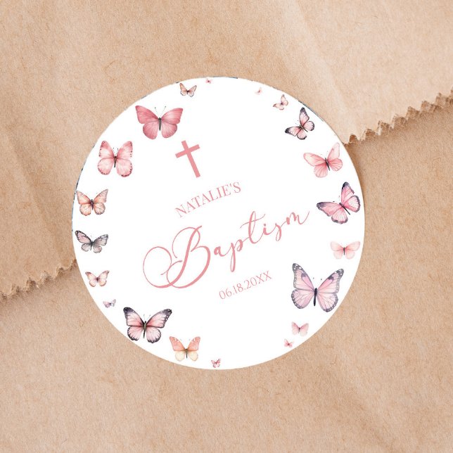 Elegant Soft Pink Butterfly Baptism Classic Round Sticker (Creator Uploaded)