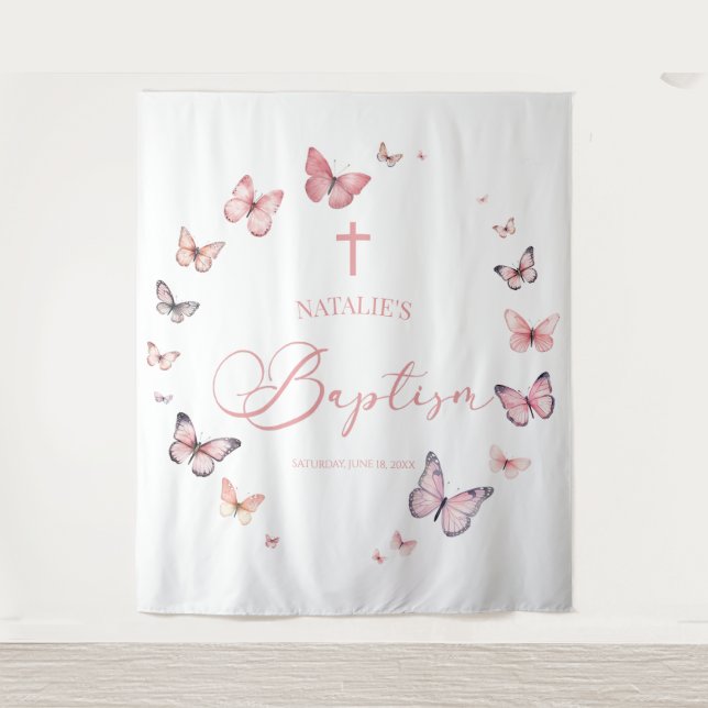 Elegant Soft Pink Butterfly Baptism  Tapestry (Front)