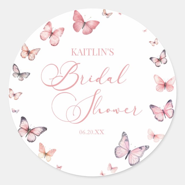 Elegant Soft Pink Butterfly Bridal Shower  Classic Round Sticker (Front)