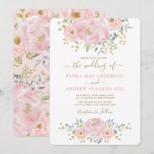 Elegant Soft Pink Floral Peony + Greenery Wedding Invitation