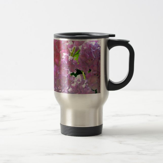 Elegant soft pink florals pink hydrangeas roses travel mug (Right)