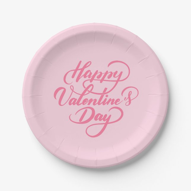Elegant Soft Pink Happy Valentine's Day Paper Plate (Front)