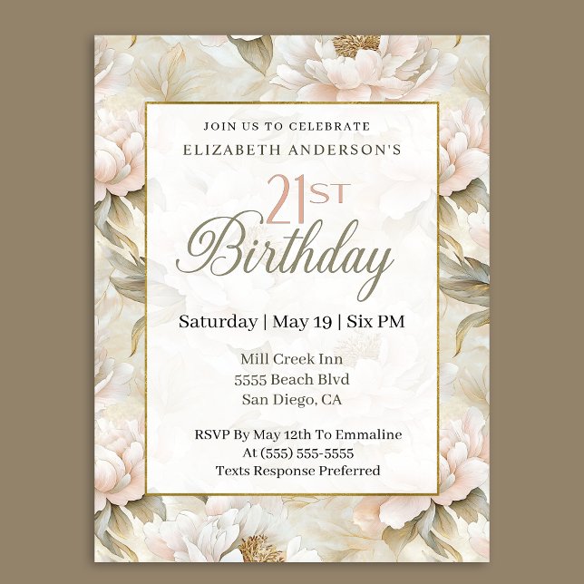 Elegant Soft Pink Ivory Peony 21st Birthday  Invitation (Creator Uploaded)
