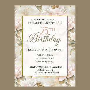 Elegant Soft Pink Ivory Peony 25th Birthday  Invitation