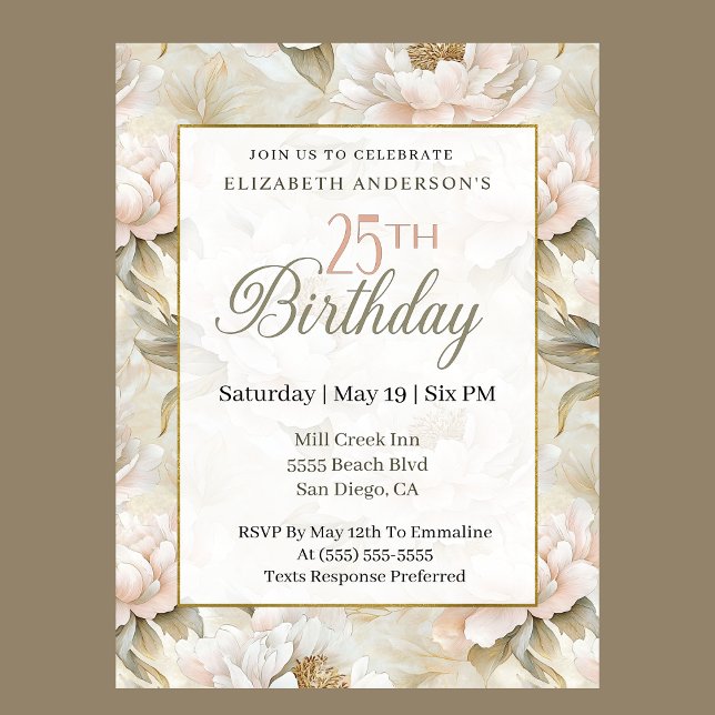 Elegant Soft Pink Ivory Peony 25th Birthday  Invitation (Creator Uploaded)