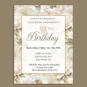 Elegant Soft Pink Ivory Peony 98th Birthday  Invitation