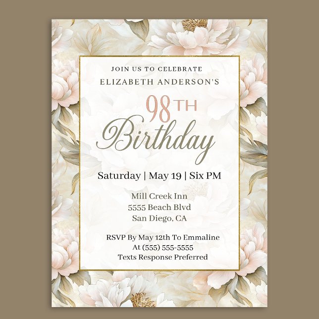 Elegant Soft Pink Ivory Peony 98th Birthday  Invitation (Creator Uploaded)