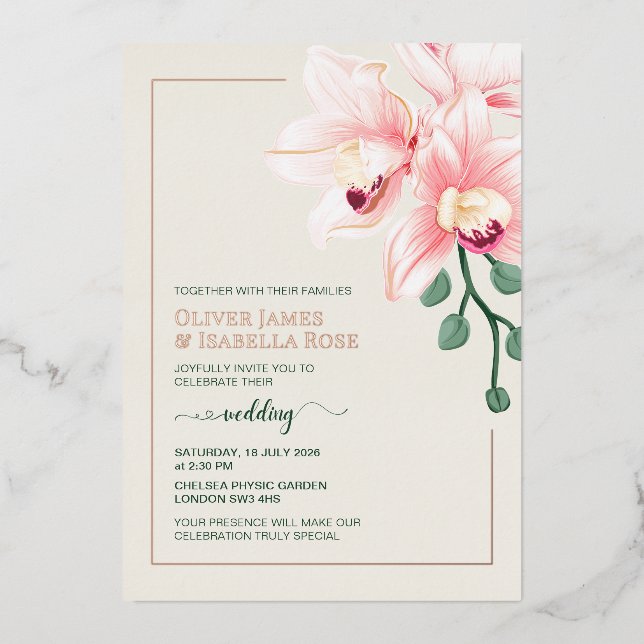 Elegant Soft Pink Orchid Wedding Invitation | Foil (Front)