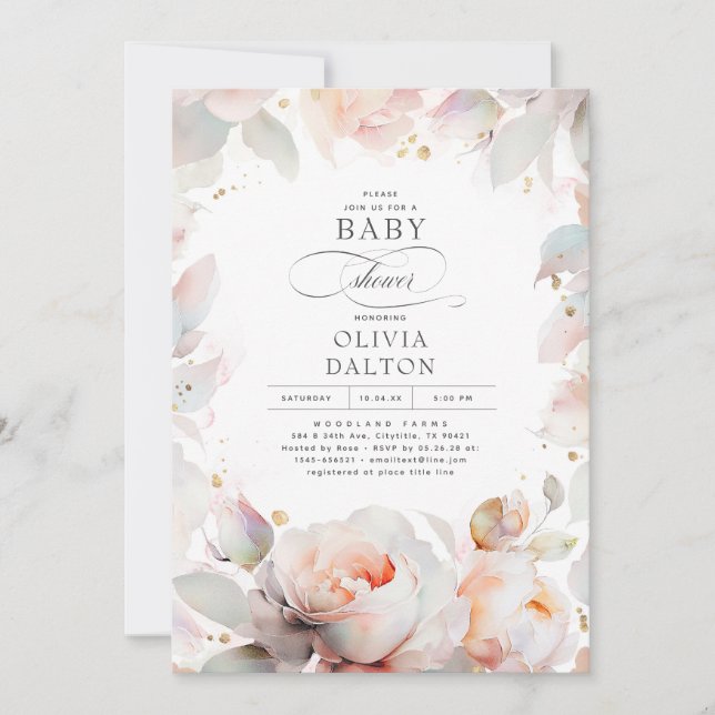 Elegant Soft Pink Peach Floral Boho Baby Shower Invitation (Front)