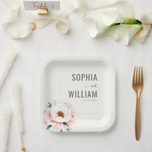 Elegant Soft Pink Peony Paper Plate (Wedding)