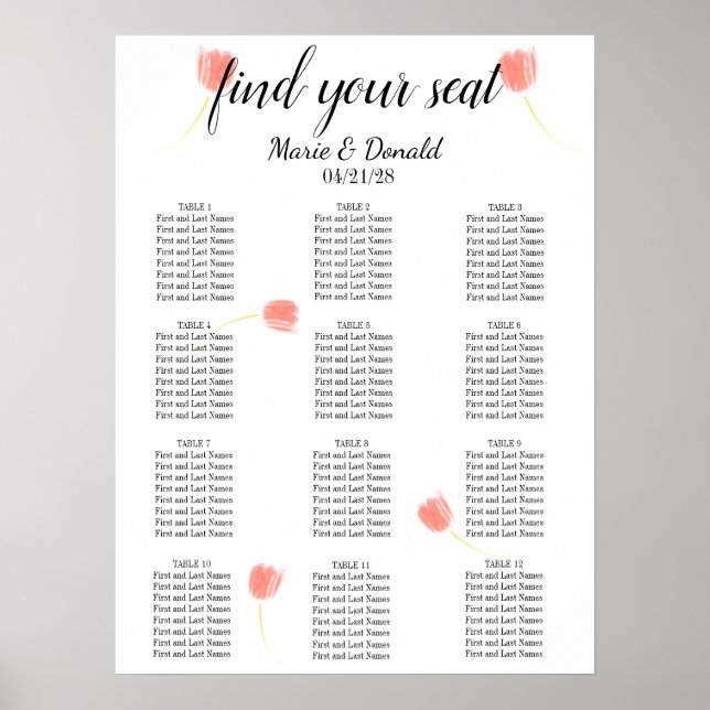 Elegant Soft Pink Tulips Seating Chart (Front)