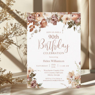 Elegant Soft Pink Watercolor Floral 90th Birthday Invitation