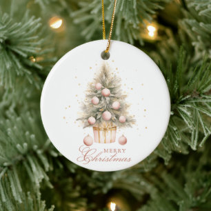 Elegant Soft Pink Watercolor Merry Christmas Tree Ceramic Tree Decoration