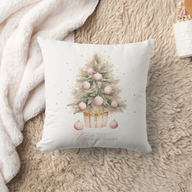 Elegant Soft Pink Watercolor Merry Christmas Tree Cushion (Blanket)