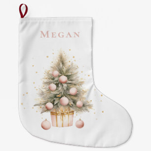 Elegant Soft Pink Watercolor Merry Christmas Tree Large Christmas Stocking