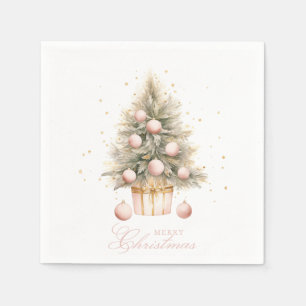 Elegant Soft Pink Watercolor Merry Christmas Tree Napkin