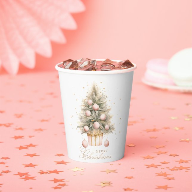 Elegant Soft Pink Watercolor Merry Christmas Tree Paper Cups (Insitu)