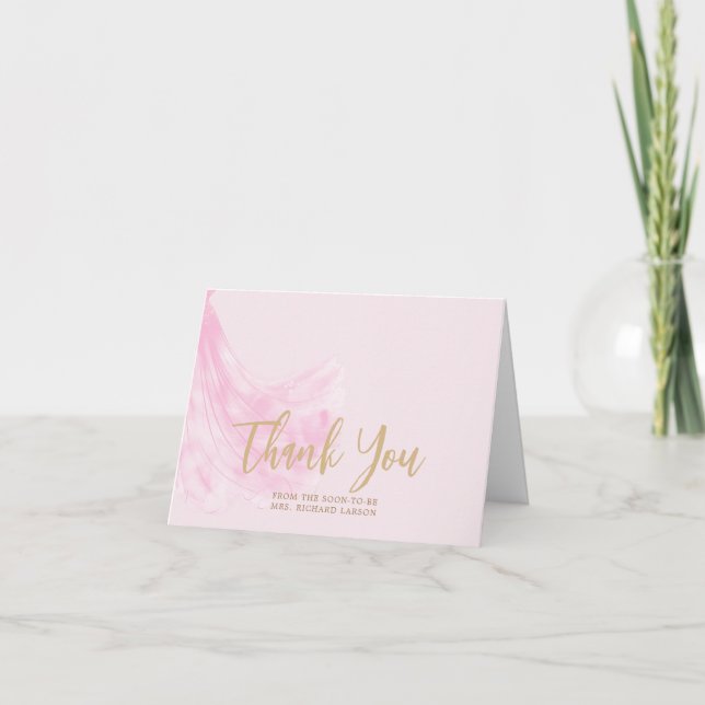 Elegant Soft Pink Wedding Dress Bridal Shower Thank You Card (Front)