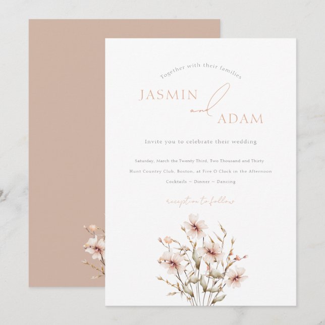 Elegant Soft Pink Wildflowers Wedding Invitation (Front/Back)