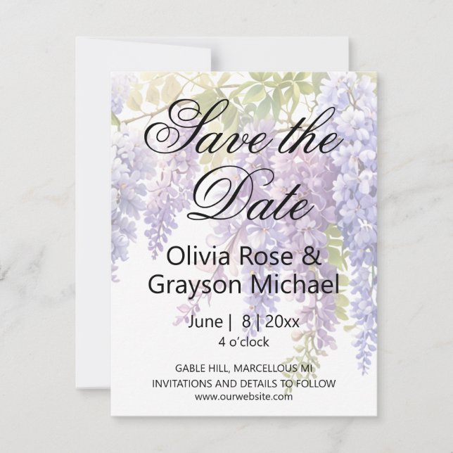 Elegant soft purple blue watercolor wisteria save the date (Front)