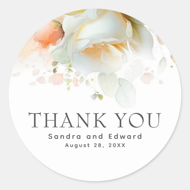 Elegant Soft Rose Flowers Botanical Thank You Classic Round Sticker (Front)