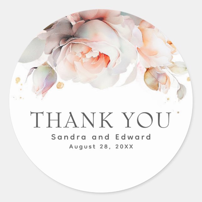 Elegant Soft Rose Flowers Botanical Thank You Classic Round Sticker (Front)