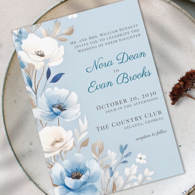 Elegant Soft Watercolor Dusty Blue Floral Wedding  Invitation (Creator Uploaded)