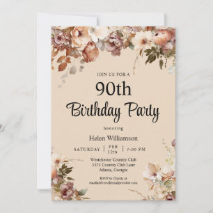 Elegant Soft Watercolor Pink Floral 90th Birthday Invitation