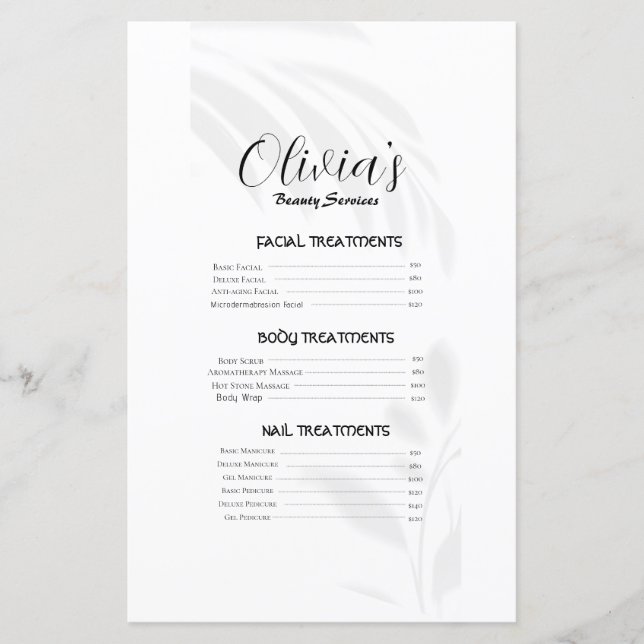 Elegant Soft White Beauty Services Price List (Front)
