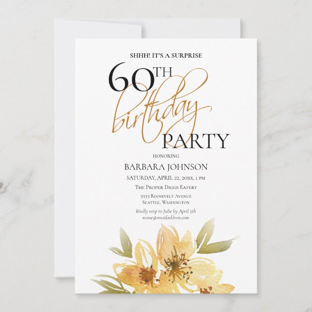 Elegant Soft Yellow Floral Surprise 60th Birthday Invitation (Front)
