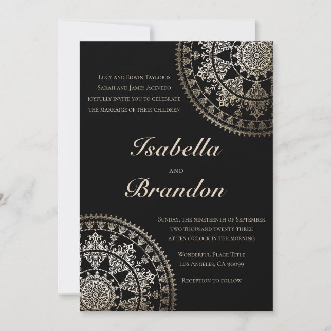 Elegant Solar Mandala Wedding Invitations Gold (Front)