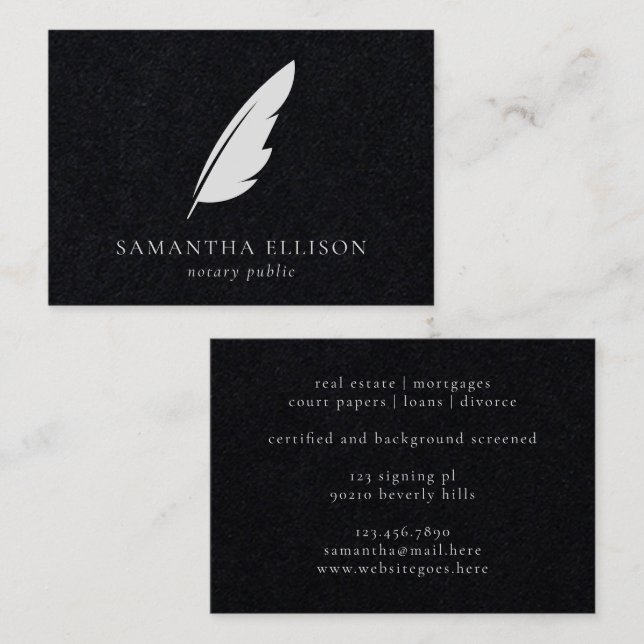 Elegant Solid Black Feather Quill Notary Attorney Business Card (Front/Back)